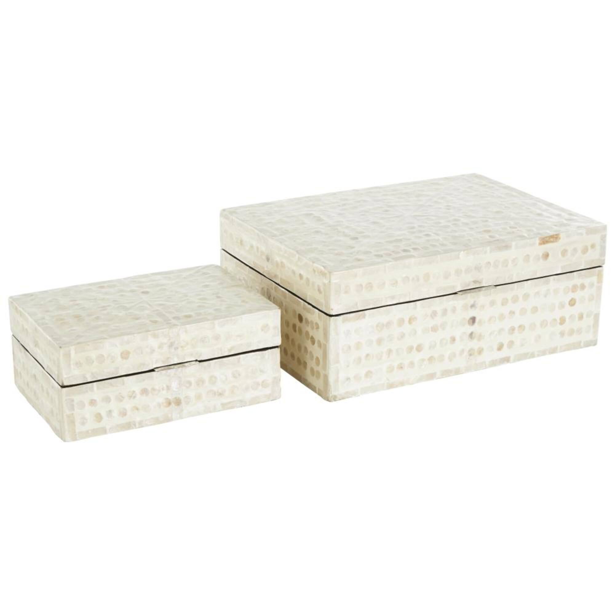 Cream Mother of Pearl Shell Geometric Handmade Mosaic Dot with Brown Accents Storage Box Set